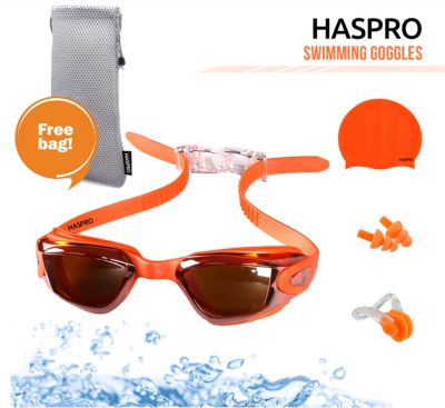 Set ochelari de inot copii, din silicon, protectie UV, punte nazala fixa, portocaliu - casca, dopuri pentru urechi & husa transport
