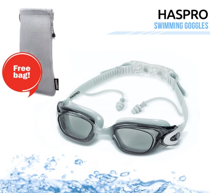 Ochelari de inot pentru adulti din silicon cu protectie UV, punte nazala fixa, cu dopuri urechi incorporate, gri & husa transport